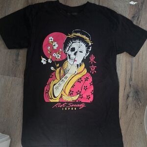 Riot Society Black Tee with Pink and Yellow Geisha Graphic